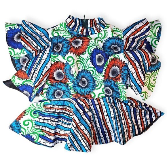 Handmade Abstract Oversized Dramatic Ruffle Sleeve Peplum Blue Green Top - Picture 2 of 9